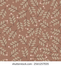 Floral seamless pattern design featuring monochromatic leaves and berries. Allover print foliage texture on coffee mocha color background. 