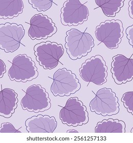 Floral seamless pattern design featuring multicolor purple leaves. Allover print foliage surface texture on languid lavender color background. 