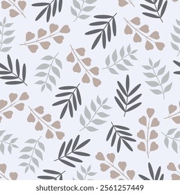 Floral seamless pattern design featuring abstract branchlets. Allover print foliage texture on titan white color background. 