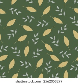 Floral seamless pattern design featuring multicolor abstract leaves. Allover print foliage surface design on earthy green color background. 