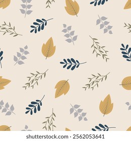 Floral seamless pattern design featuring multicolor abstract branchlets and leaves. Allover print foliage surface design on eggshell color background. 