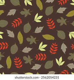 Floral seamless pattern design featuring multicolor abstract leaves. Allover print foliage surface design on coffee color background. 