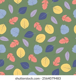 Floral seamless pattern design featuring multicolor abstract leaves. Allover print foliage surface design on camouflage green color background. 