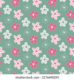 floral seamless pattern design with hand drawn simple flower daisy doodle. Cute childish ditsy vector background.