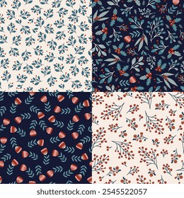 Floral seamless pattern design, hand drawn set of digital paper, wallpaper, reapeating vector background with elegant cute flowers and floral branches. 