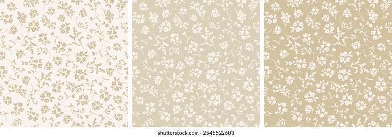 Floral seamless pattern design, hand drawn set of digital paper, wallpaper, reapeating vector background with elegant cute flowers and floral branches. 