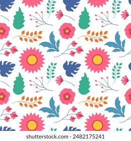 Floral Seamless Pattern Design Illustration with Blooming Branches and Leaf Flower in Hand-Drawn Cartoon Style Template