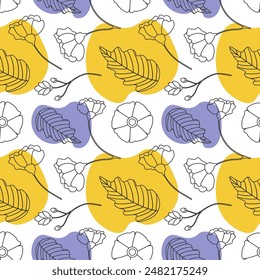 Floral Seamless Pattern Design Illustration with Blooming Branches and Leaf Flower in Hand-Drawn Cartoon Style Template
