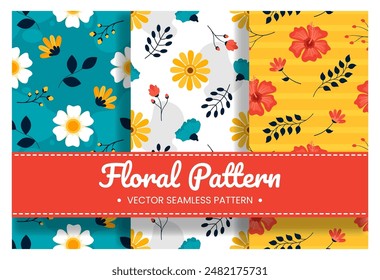 Ilustración de diseño de patrón sin costura floral con ramas florecientes y flor de hoja en Plantilla de estilo de dibujos animados dibujada a mano
