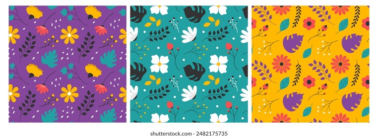 Floral Seamless Pattern Design Illustration with Blooming Branches and Leaf Flower in Hand-Drawn Cartoon Style Template