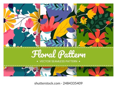 Ilustración de diseño de patrón sin costura floral con ramas florecientes y flor de hoja en Plantilla de estilo de dibujos animados dibujada a mano