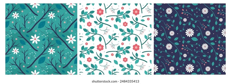 Floral Seamless Pattern Design Illustration with Blooming Branches and Leaf Flower in Hand-Drawn Cartoon Style Template