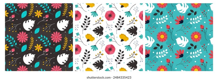 Floral Seamless Pattern Design Illustration with Blooming Branches and Leaf Flower in Hand-Drawn Cartoon Style Template