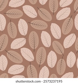 Floral seamless pattern design of monochromatic leaves. Foliage surface design texture on coffee mocha color background. 