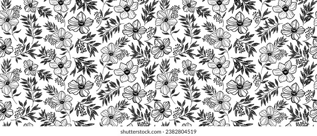 Floral seamless pattern design. Spring flowers and leaves. Cute hand drawn vector illustration. Black elements on white background.