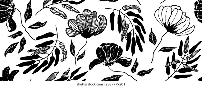 Floral seamless pattern design. Spring flowers and leaves. Cute hand drawn vector illustration. Black elements on white background.