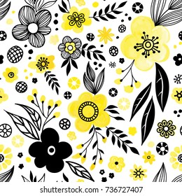 Floral seamless pattern design. Spring flowers and leaves. Cute hand drawn vector illustration. Black and yellow elements on white background.