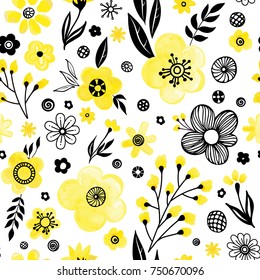 Floral seamless pattern design. Spring flowers and leaves. Cute hand drawn vector illustration. Black and yellow elements on white background.