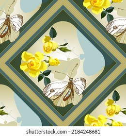 Patrón sin costura floral para tejidos de diseño, pañuelo, chal, pañuelo, tela, papel de envoltura, ilustración vectorial Amarillo de la flor Rosa con mariposa blanca sobre fondo degradado dorado en hombros