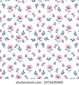 Floral seamless pattern design. Tiny pink flowers hand drawn in watercolour style. Napkins, wrapping paper, wallpaper, floral background 