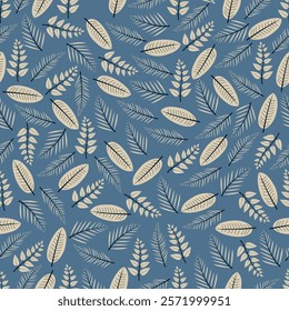 Floral seamless pattern design of tropical palm leaves and branchlets. Allover print monochromatic foliage texture on metallic blue color background. 