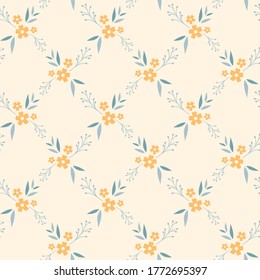 Floral seamless pattern design. Yellow and blue flowers, diamond shape vintage pattern for wallpapers, print and fabric.