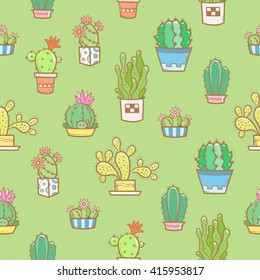 Floral seamless pattern with different cartoon cactus on a green background. Types of succulents. Vector image. Doodle style.