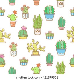 Floral seamless pattern with different cartoon cactus  on a white  background. Types of  succulents. Vector image. Doodle style.