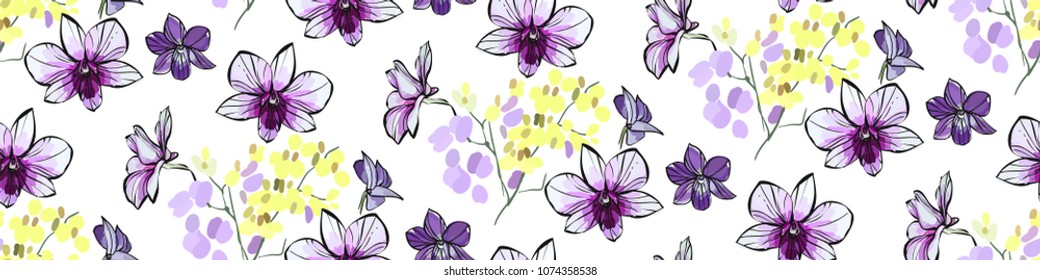 Floral seamless pattern with different flowers and leaves. Botanical illustration on white background hand drawn. Textile print, fabric swatch, wrapping paper.
