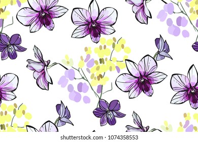 Floral seamless pattern with different flowers and leaves. Botanical illustration on white background hand drawn. Textile print, fabric swatch, wrapping paper.