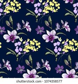 Floral seamless pattern with different flowers and leaves. Botanical illustration  hand painted. Textile print, fabric swatch, wrapping paper.