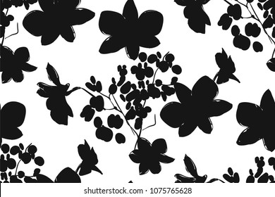 Floral seamless pattern with different flowers and leaves. Black and white Botanical illustration  hand painted. Textile print, fabric swatch, wrapping paper.