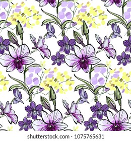Floral seamless pattern with different flowers and leaves. Botanical illustration on white background hand drawn. Textile print, fabric swatch, wrapping paper.