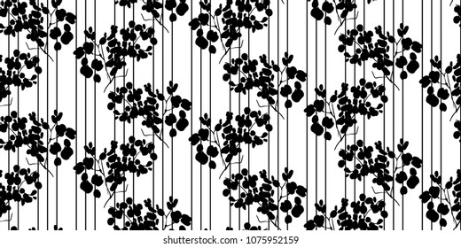 Floral seamless pattern with different flowers and leaves. Black and white Botanical illustration  hand painted. Textile print, fabric swatch, wrapping paper.