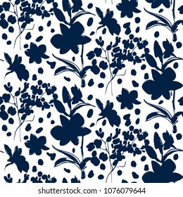 Floral seamless pattern with different flowers and leaves. Botanical illustration  hand painted. Textile print, fabric swatch, wrapping paper.