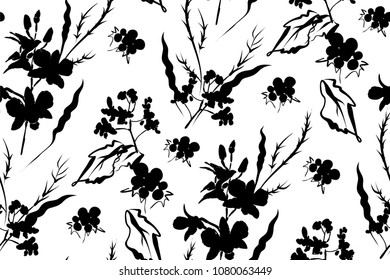 Floral seamless pattern with different flowers and leaves. Botanical illustration  hand painted. Textile print, fabric swatch, wrapping paper.