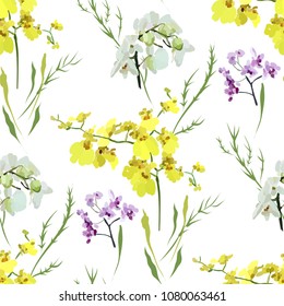 Floral seamless pattern with different flowers and leaves. Botanical illustration  hand painted. Textile print, fabric swatch, wrapping paper.