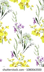 Floral seamless pattern with different flowers and leaves. Botanical illustration  hand painted. Textile print, fabric swatch, wrapping paper.