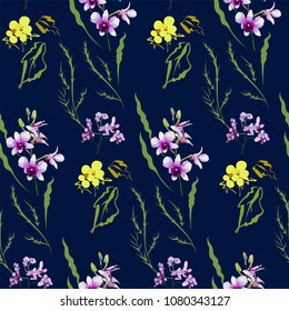 Floral seamless pattern with different flowers and leaves. Botanical illustration  hand painted. Textile print, fabric swatch, wrapping paper.