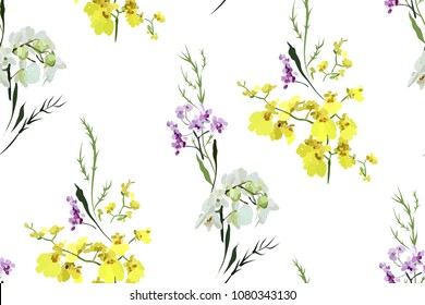 Blumennahtloses Muster mit verschiedenen Blumen und Blättern auf weißem Hintergrund . Botanische Illustration handgemalt. Stoffdruck, Armbanduhr, Wickelpapier.