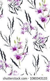 Floral seamless pattern with different flowers and leaves on white background. Botanical illustration  hand painted. Textile print, fabric swatch, wrapping paper.