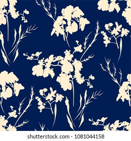 Floral seamless pattern with different flowers and leaves silhouettes. Botanical illustration  hand painted. Textile print, fabric swatch, wrapping paper.