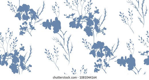 Floral seamless pattern with different flowers and leaves silhouettes. Botanical illustration  hand painted. Textile print, fabric swatch, wrapping paper.