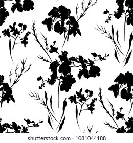 Floral seamless pattern with different flowers and leaves silhouettes. Botanical illustration  hand painted. Textile print, fabric swatch, wrapping paper.