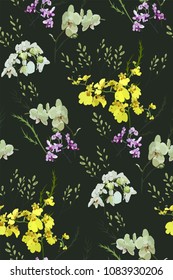 Floral seamless pattern with different flowers and leaves. Botanical illustration  hand painted. Textile print, fabric swatch, wrapping paper.