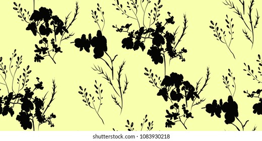 Floral seamless pattern with different flowers and leaves silhouettes. Botanical illustration  hand painted. Textile print, fabric swatch, wrapping paper.