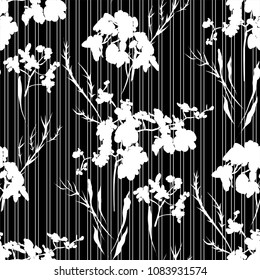 Floral seamless pattern with different flowers and leaves silhouettes. Botanical illustration  hand painted. Textile print, fabric swatch, wrapping paper.