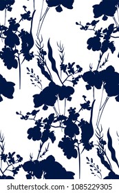Floral seamless pattern with different flowers and leaves. Botanical illustration on white background, hand painted. Textile print, fabric swatch, wrapping paper.
