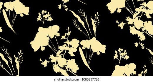 Floral seamless pattern with different flowers and leaves. Botanical illustration  on white background, hand painted. Textile print, fabric swatch, wrapping paper.