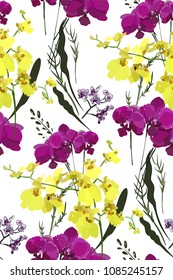 Floral seamless pattern with different flowers and leaves. Botanical illustration  hand painted. Textile print, fabric swatch, wrapping paper.